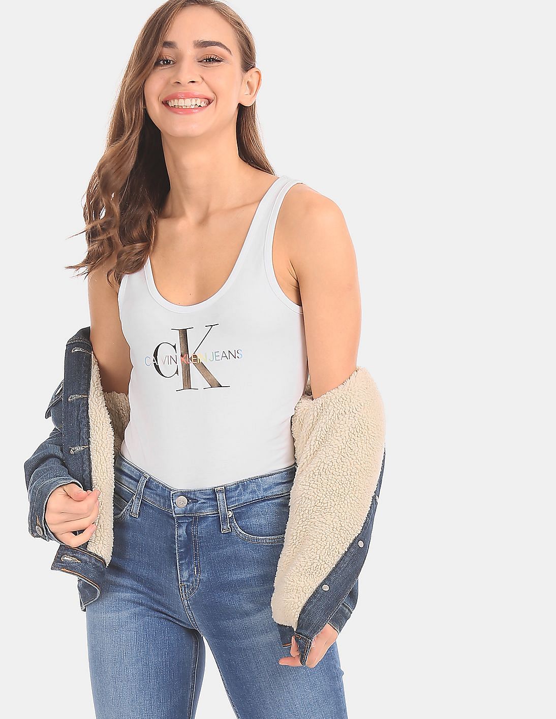 Buy Calvin Klein Women White Monogram Logo Cotton Stretch Tank Top ...