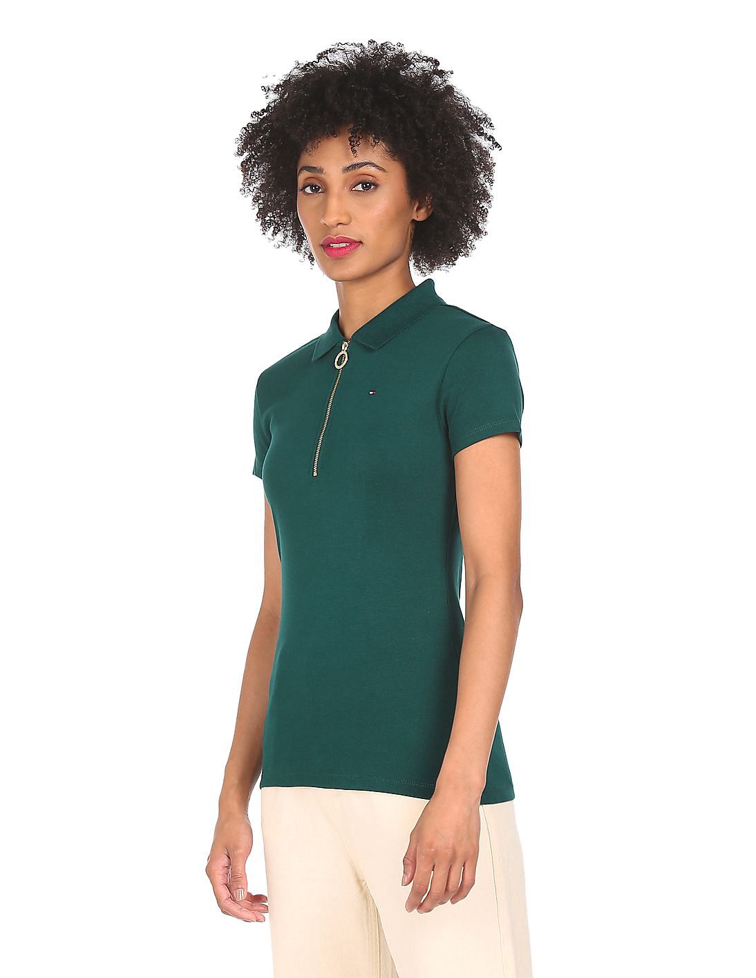 Buy Tommy Hilfiger Women Dark Green Zipper Placket Cotton Polo Shirt NNNOW