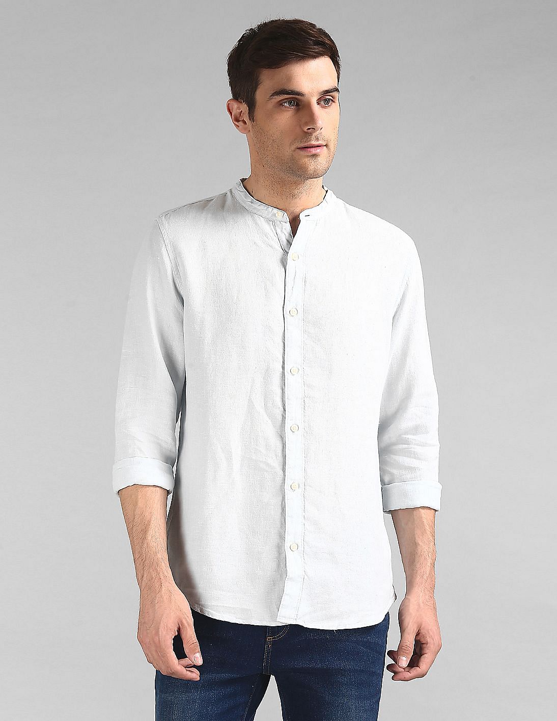 mens linen band collar shirt