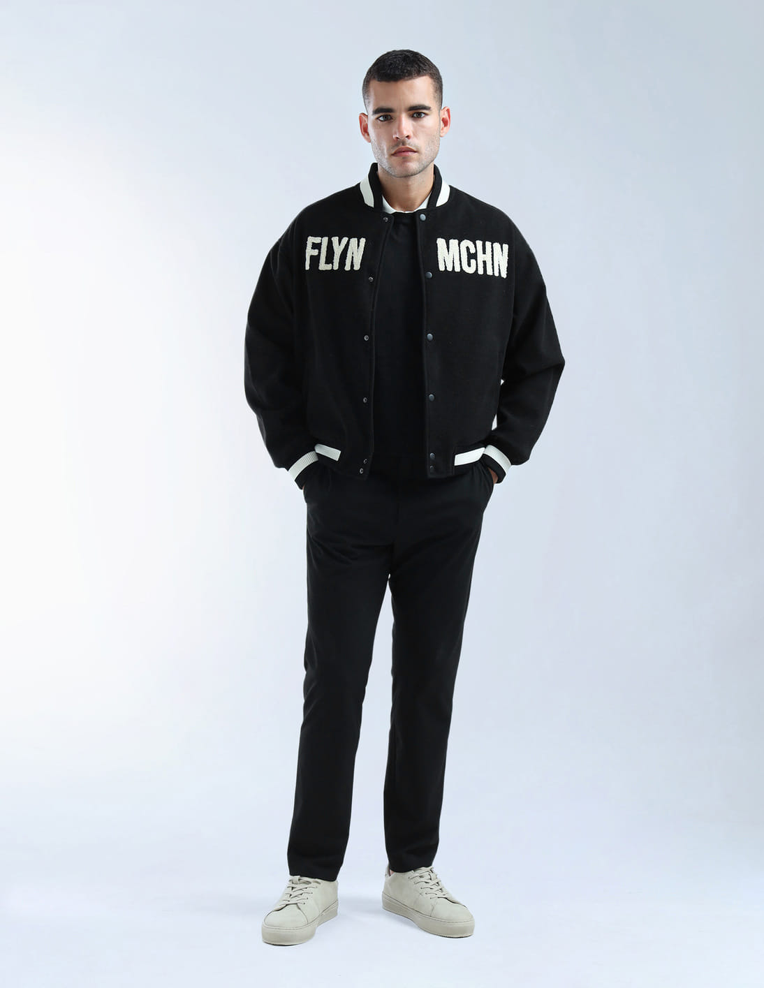 Buy Flying Machine Appliqued Pattern Relaxed Fit Varsity Jacket