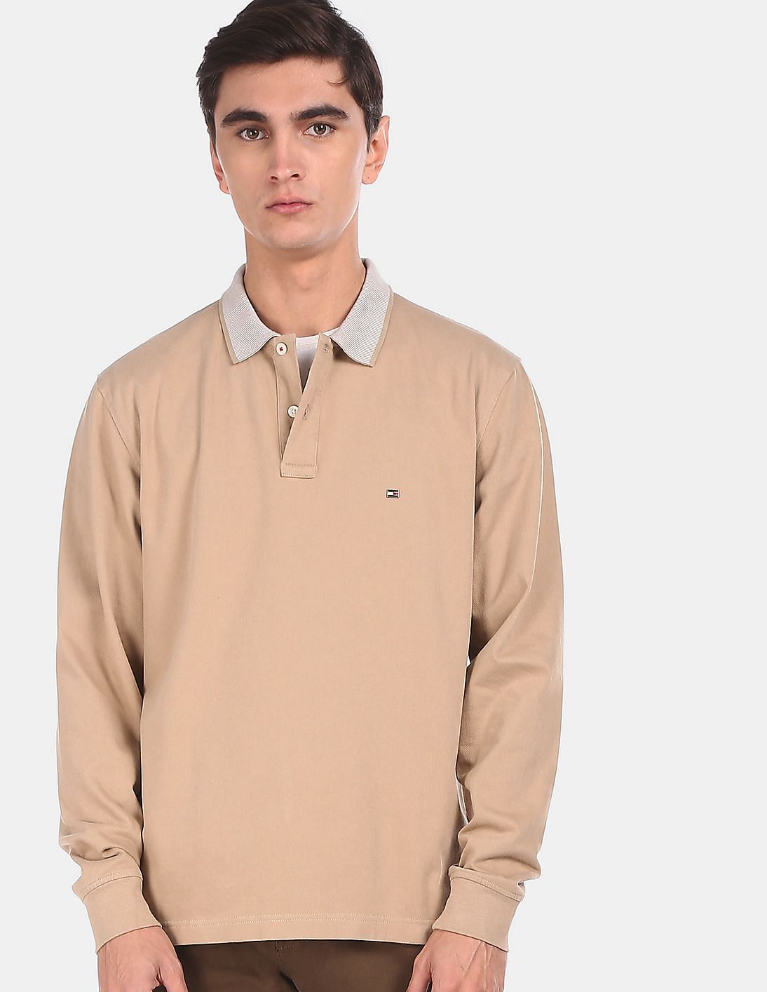 Buy Tommy Hilfiger Men Beige Long Sleeve Twill Regular Fit Polo Shirt ...