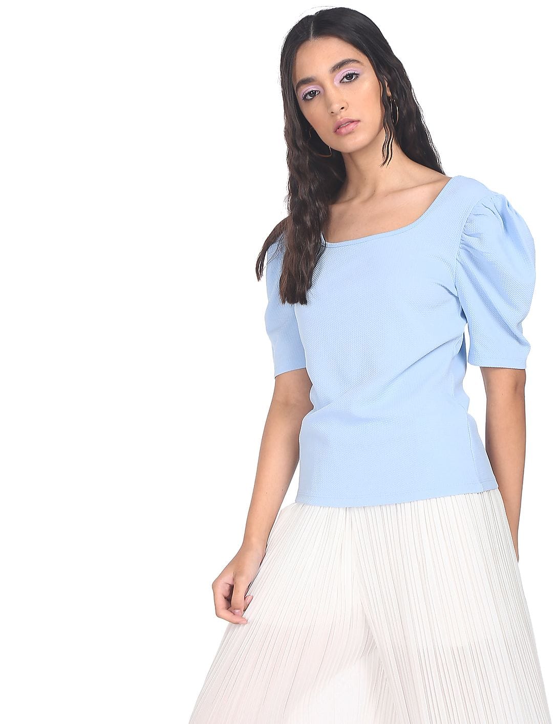 Buy SUGR Women Light Blue Square Neck Textured Top - NNNOW.com