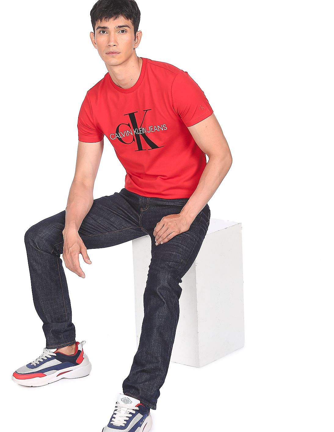 Buy Calvin Klein Men Red Crew Neck Logo Print T-Shirt