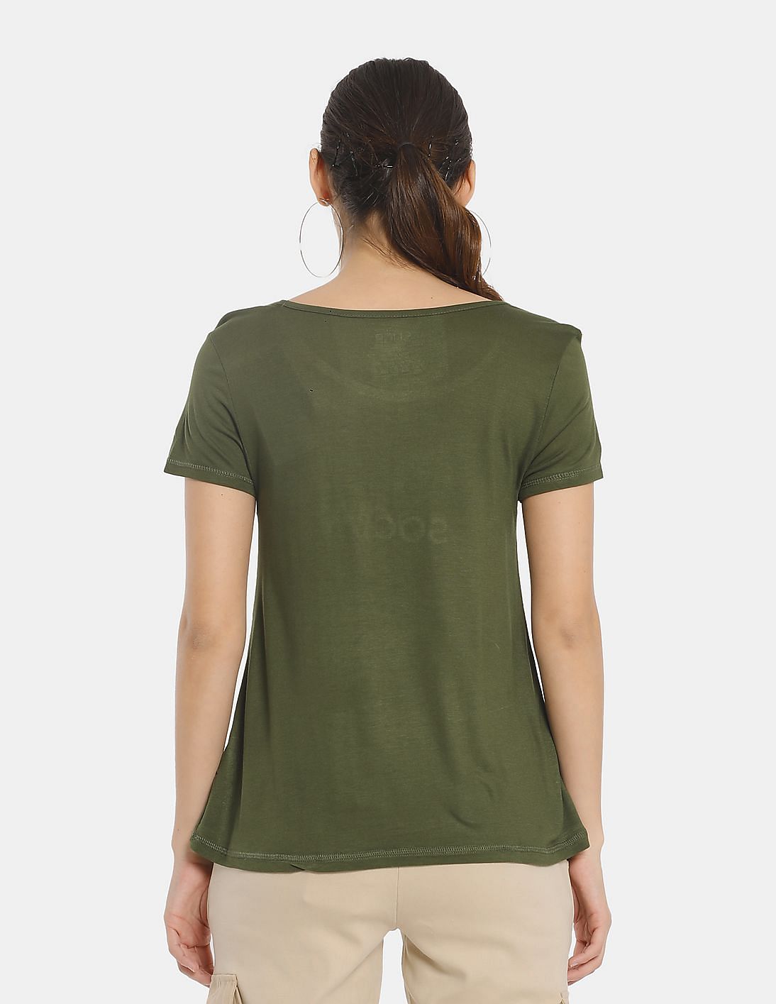 Olive Green Plain Round Neck T-Shirt For Women – THATCHIMP