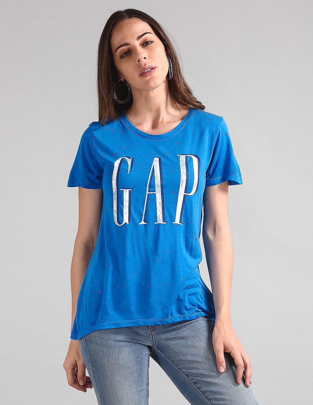 Buy GAP Women Blue Short Sleeve Star Glitter Logo T-Shirt - NNNOW.com