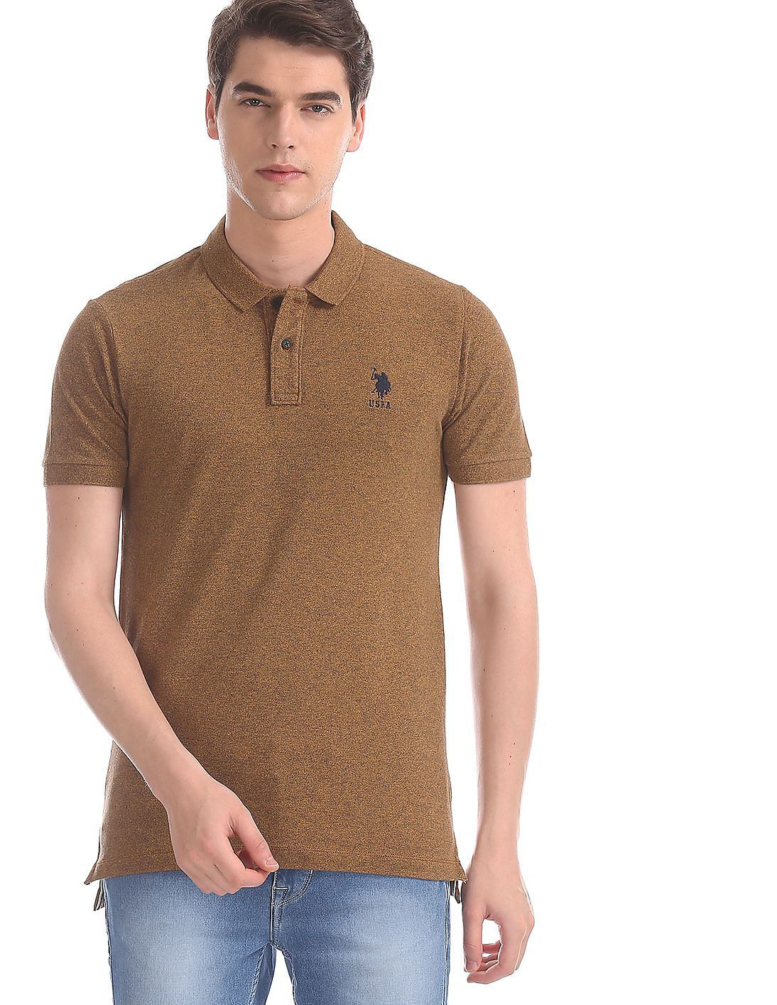 Buy Men Brown Ribbed Neck Heathered Polo Shirt online at NNNOW.com