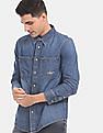 Calvin Klein Men Dark Blue Washed Iconic Denim Double Patch Pocket Casual Shirt