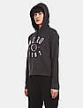 Aeropostale Women Charcoal Grey Drawstring Hood Printed Sweatshirt