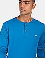 Aeropostale Men Blue Long Sleeve Cotton Solid Henley T-Shirt