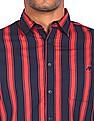 Aeropostale Men Dark Blue And Coral Spread Collar Striped Casual Shirt
