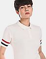 U.S. Polo Assn. Women Off-White Short Sleeve With Ribbed Hems Striped Pique Polo Shirt