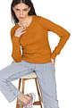 Tommy Hilfiger Women Mustard Jenny Crew Neck Cable Knit Sweater